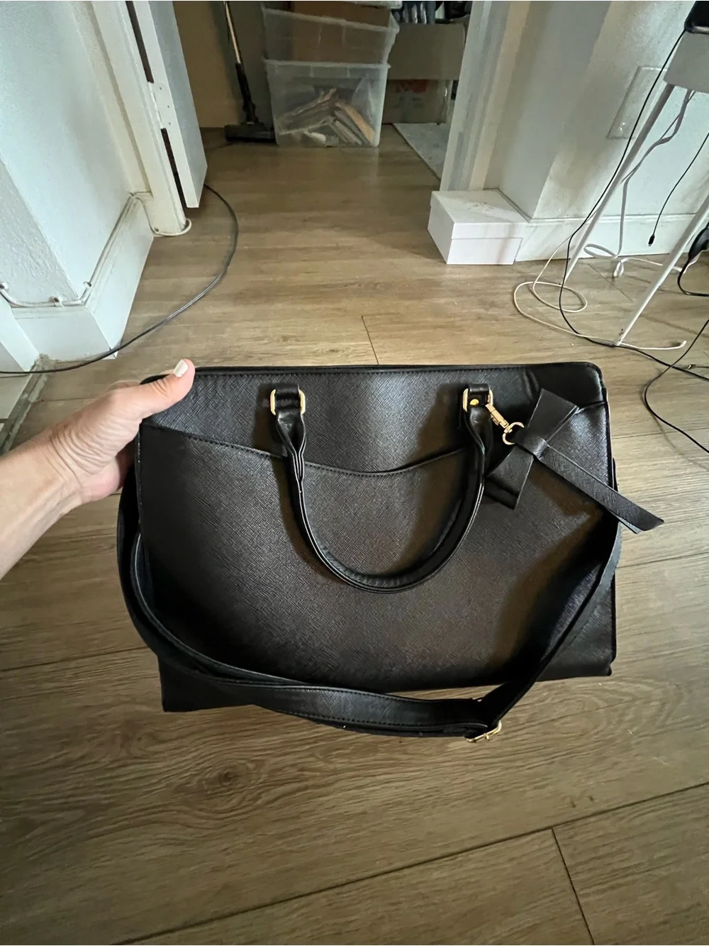 Professional Black Laptop Bag with Exterior Pocket and cute bow